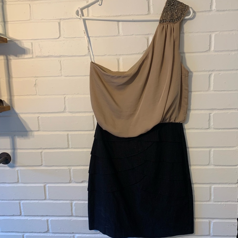 Tan and black cocktail dress